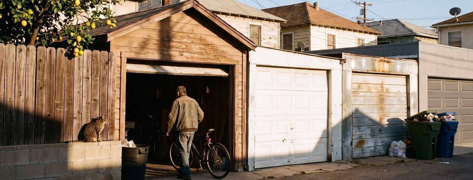 Four garage doors of different ages along a Los Angeles alley, a lemon tree over the fence and a cat on the block wall