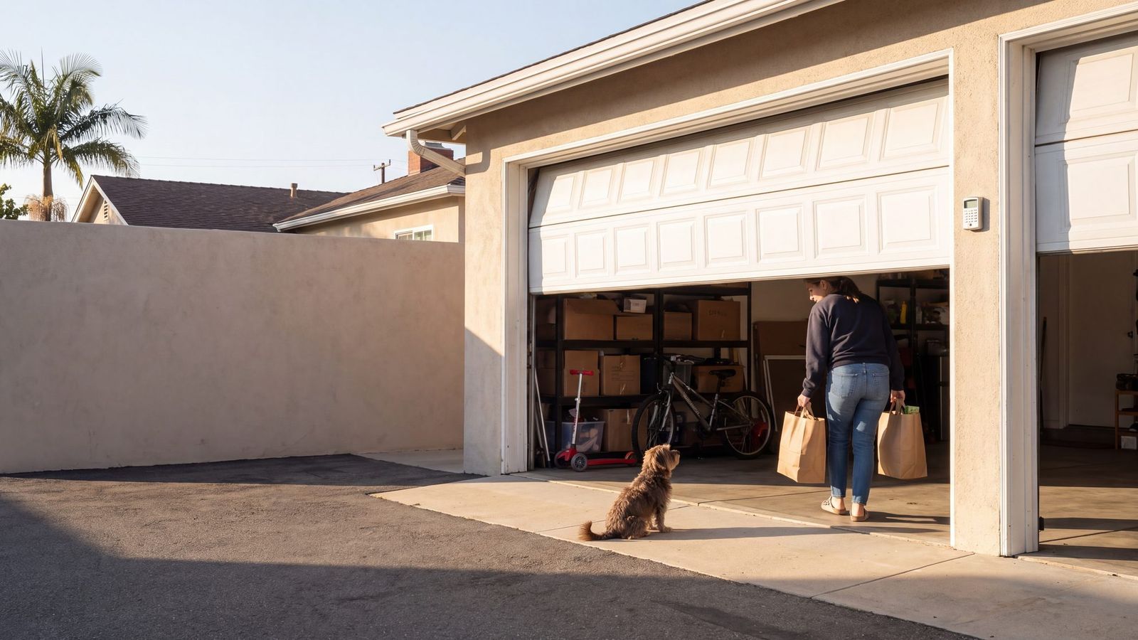 A raised white garage door on a stucco house in Los Angeles, a woman carrying groceries in under it, a dog waiting on the driveway