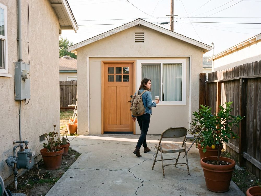 A young woman with a backpack steps out of a converted garage at the back of a Los Angeles lot