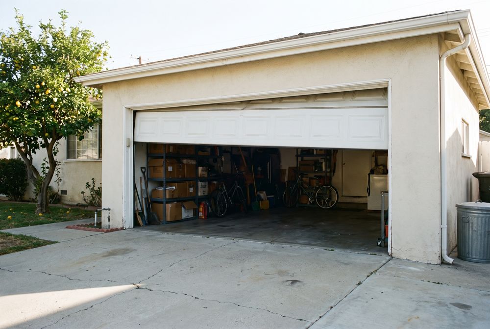 A white garage door on a stucco house stuck partway open over a cracked driveway