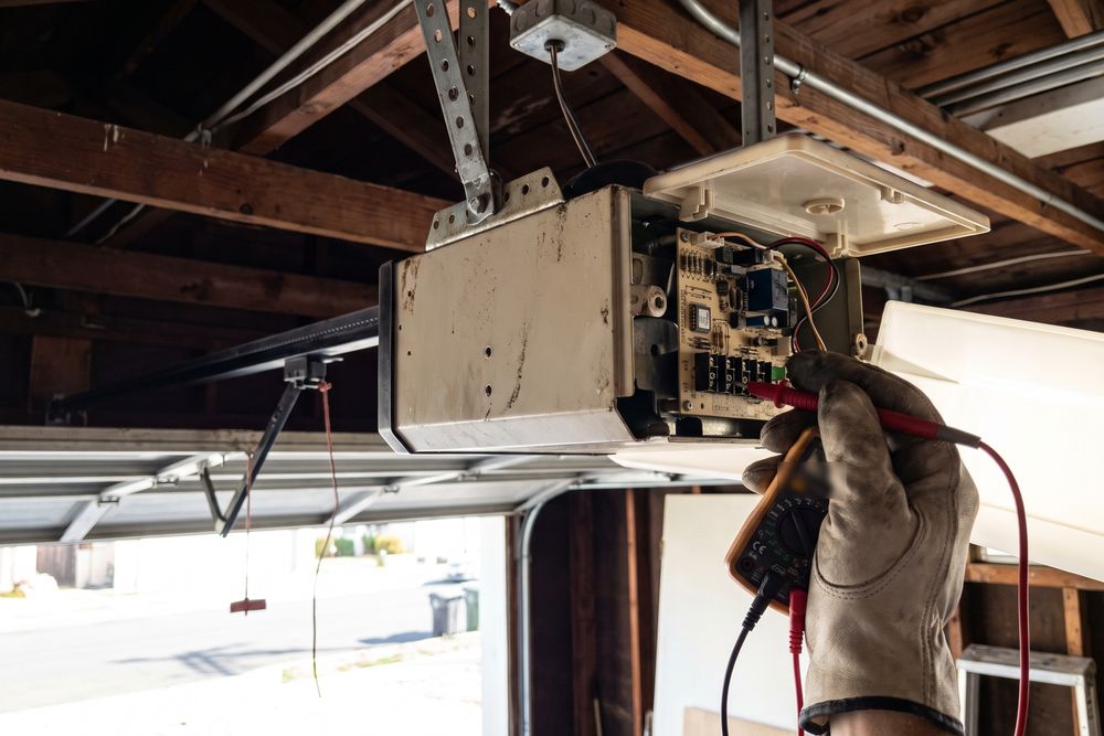 A gloved hand testing the logic board of a ceiling-mounted garage door opener with a meter
