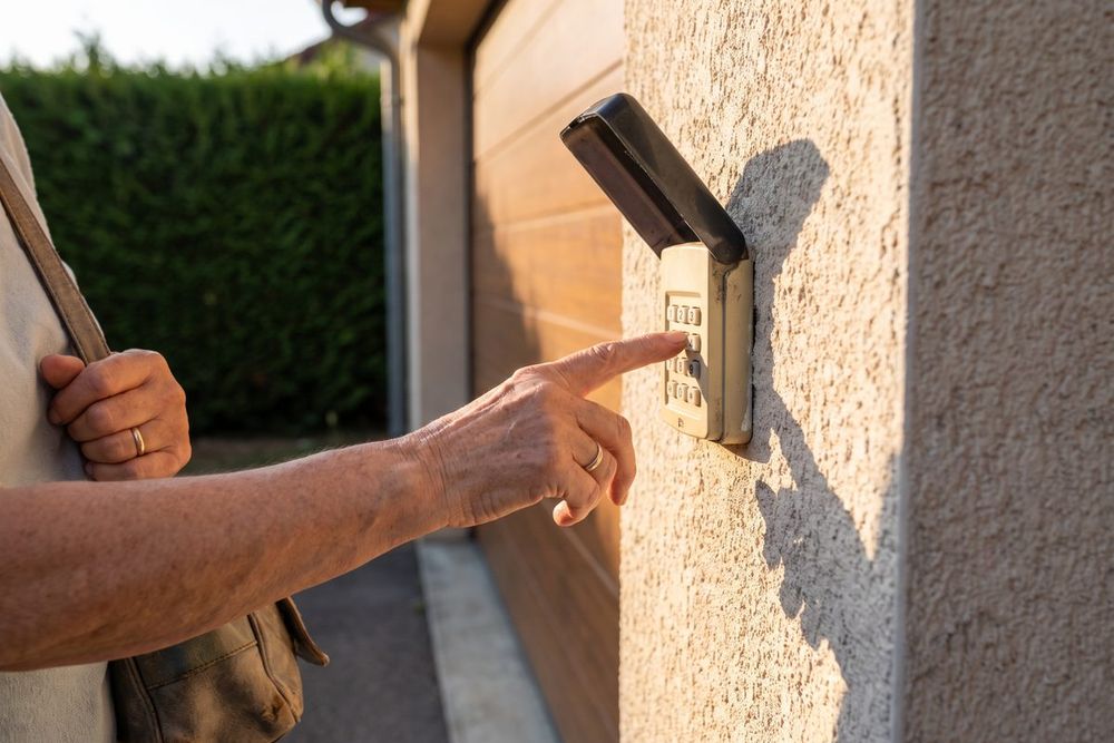 A hand pressing a wireless keypad mounted on the stucco beside a garage door