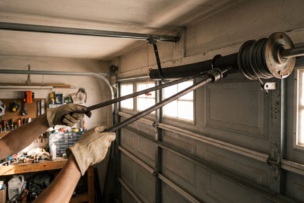 Gloved hands with two winding bars set in the cone of a torsion spring above a garage door